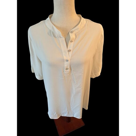 Chico's 1 Blouse Beige Cream Button Front Short Sleeve Blouse Mandarin Collar - Picture 1 of 13